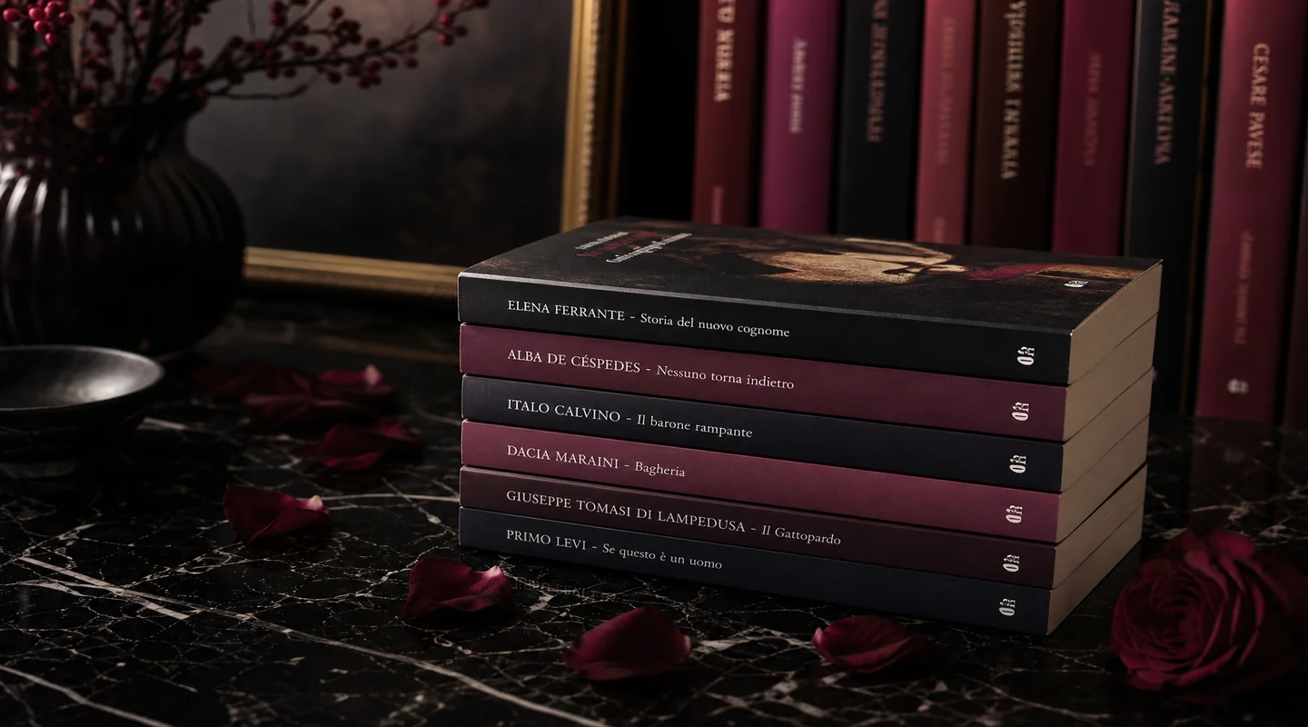 Collezione di libri Mondadori elegantemente disposti su superficie scura con illuminazione drammatica