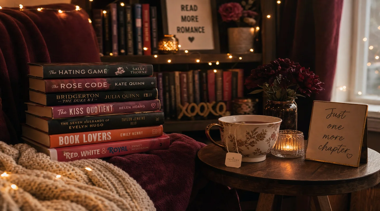 Scena di lettura romantica con libri impilati, luci calde e atmosfera accogliente