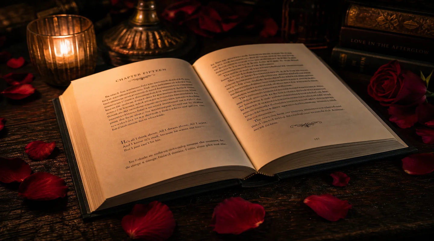 Romanzo aperto su tavolo scuro con petali di rosa rossi e luce soffusa